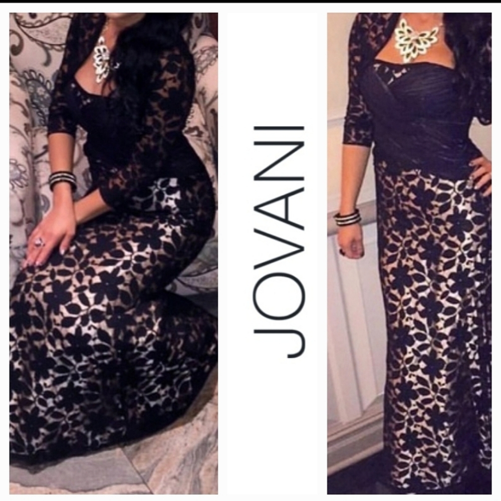 Jovani Black Plunging Strapless Floral Silk Gown with Matching Wrap Sz 14 NWT